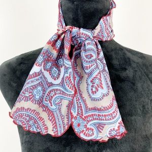 Vintage Scarf Blue & Red Paisley Scalloped Edge